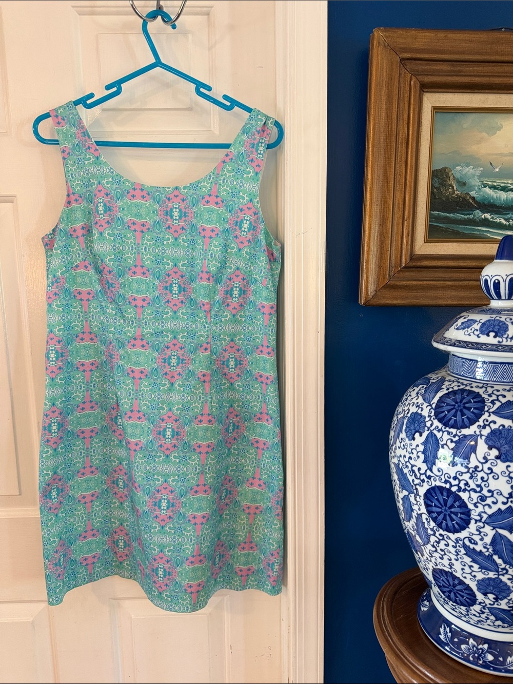 Kaeli Smith Aqua & Pink Sleeveless Patterned Shift Dress Size 10